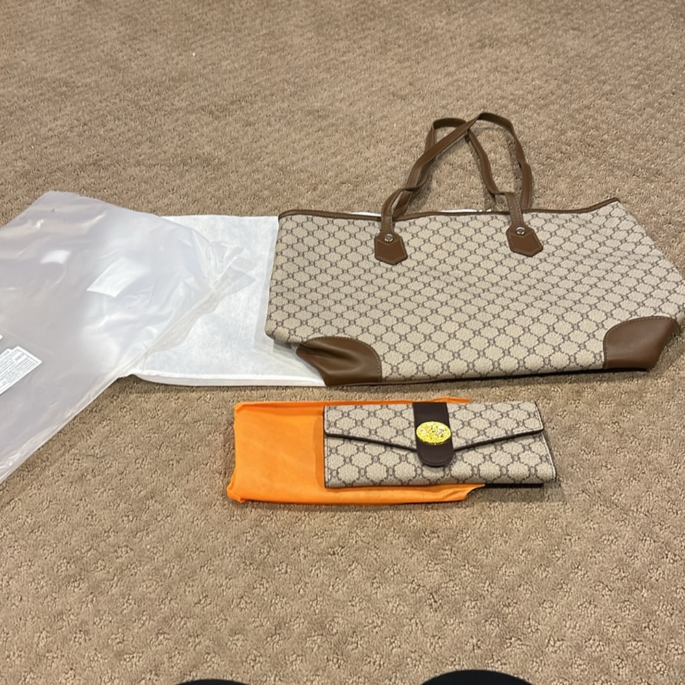 NWT Elegant Brown and Gray Coated Canvas Tote Bag & Wallet With Dustbags - Picture 6 of 6